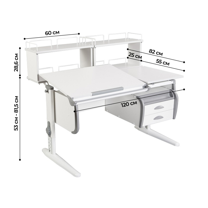 Характеристики Парта Дэми СУТ-25-04Д2 120 см раздельная с тумбой и надстройками Характеристики Парта Дэми СУТ-25-04Д2 120 см раздельная с тумбой и надстройками